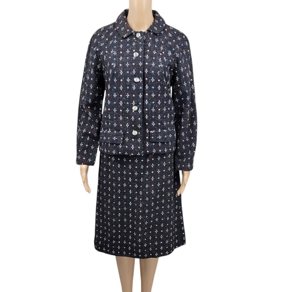 60s Vintage Handmade Tailored Wool Matching Skirt Suit Set Black with Pink Blue